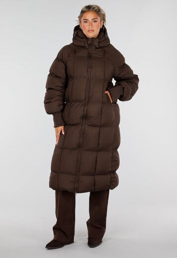 NEW230926 Bruine Lange Gewatteerde Puffer Winterjas