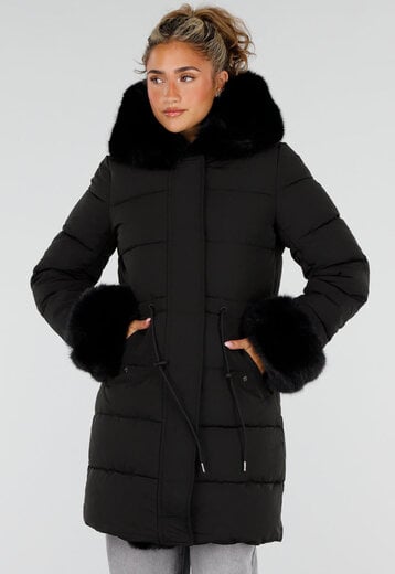 NEW230926 Zwarte Lange Winterjas met Bontdetails