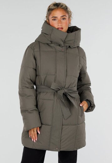 NEW230926 Legergroene Gewatteerde Winterjas met Ceintuur