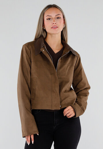 NEW230926 Bruin Kort Suèdelook Windjack met Kraag