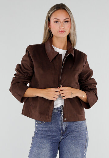 NEW230926 Bruin Kort Suèdelook Jasje met Kraag