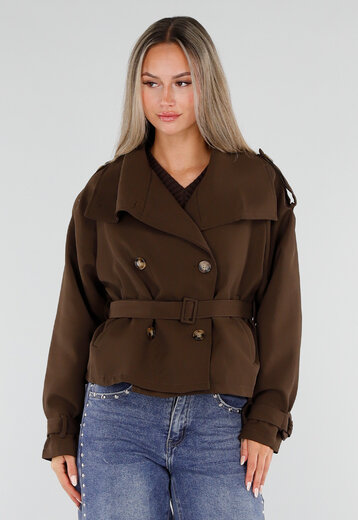 NEW230926 Bruin Kort Trench Jasje met Tailleband