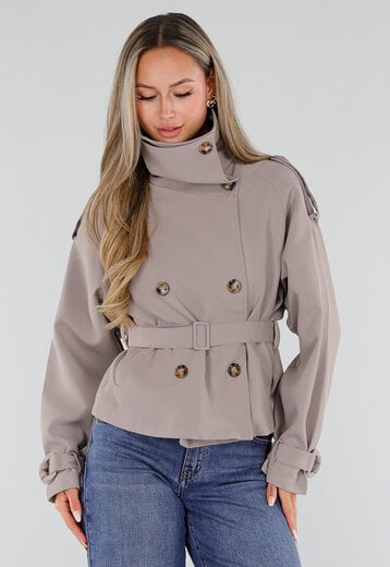 NEW230926 Grijze Korte Trenchjas met Tailleband