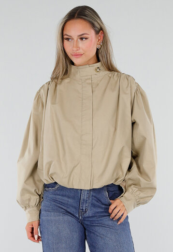 NEW230926 Beige Kort Windjack met Hoge Kraag