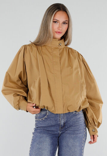 NEW230926 Camel Korte Jas met Hoge Kraag