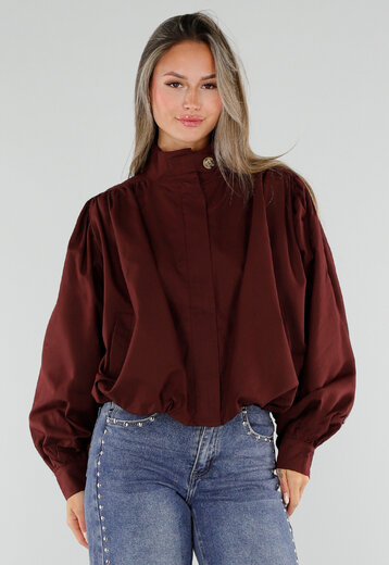 NEW230926 Burgundy Kort Windjack met Hoge Kraag