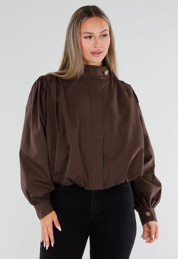 NEW230926 Chocolate Brown Kort Windjack met Hoge Kraag