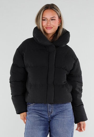 NEW230926 Zwarte Zachte Gewatteerde Puffer Jas