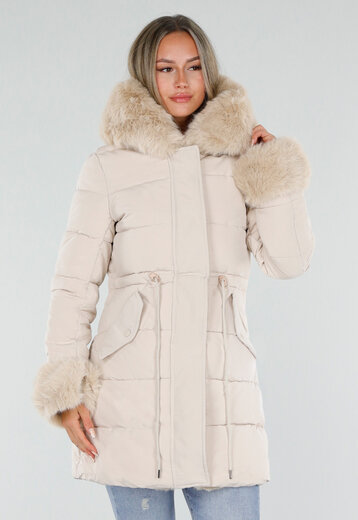 Beige Gewatteerde Winterjas met Bont