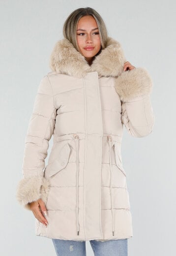NEW230926 Beige Gewatteerde Winterjas met Bont