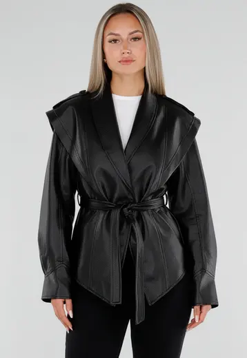 NEW230926 Zwarte Lederlook Jas met Tailleceintuur