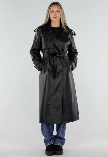 NEW230926 Zwarte Lederlook Trenchcoat met Ceintuur