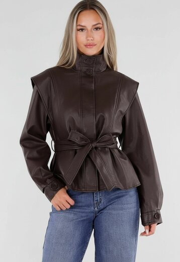 Bruine Lederlook Jas met Tailleband