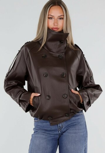 Bruine Lederlook Jas met Hoge Kraag