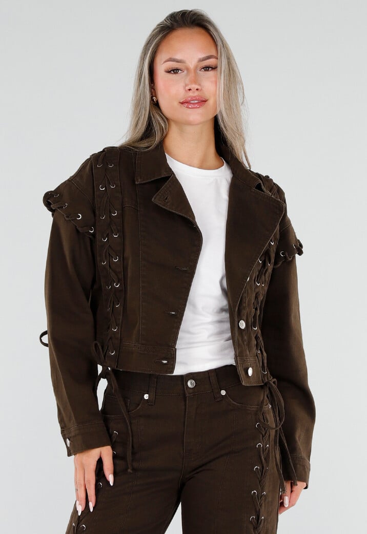 Bruin Denim Jasje met Veterdetails en Zilverkleurige Knopen