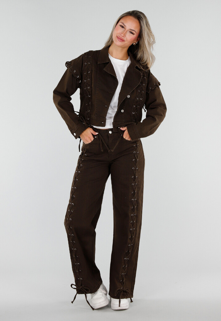 Bruin Denim Jasje met Veterdetails en Zilverkleurige Knopen