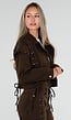 Bruin Denim Jasje met Veterdetails en Zilverkleurige Knopen