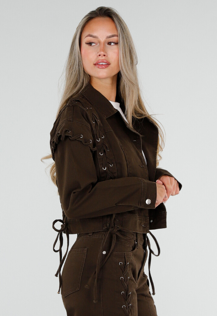 Bruin Denim Jasje met Veterdetails en Zilverkleurige Knopen