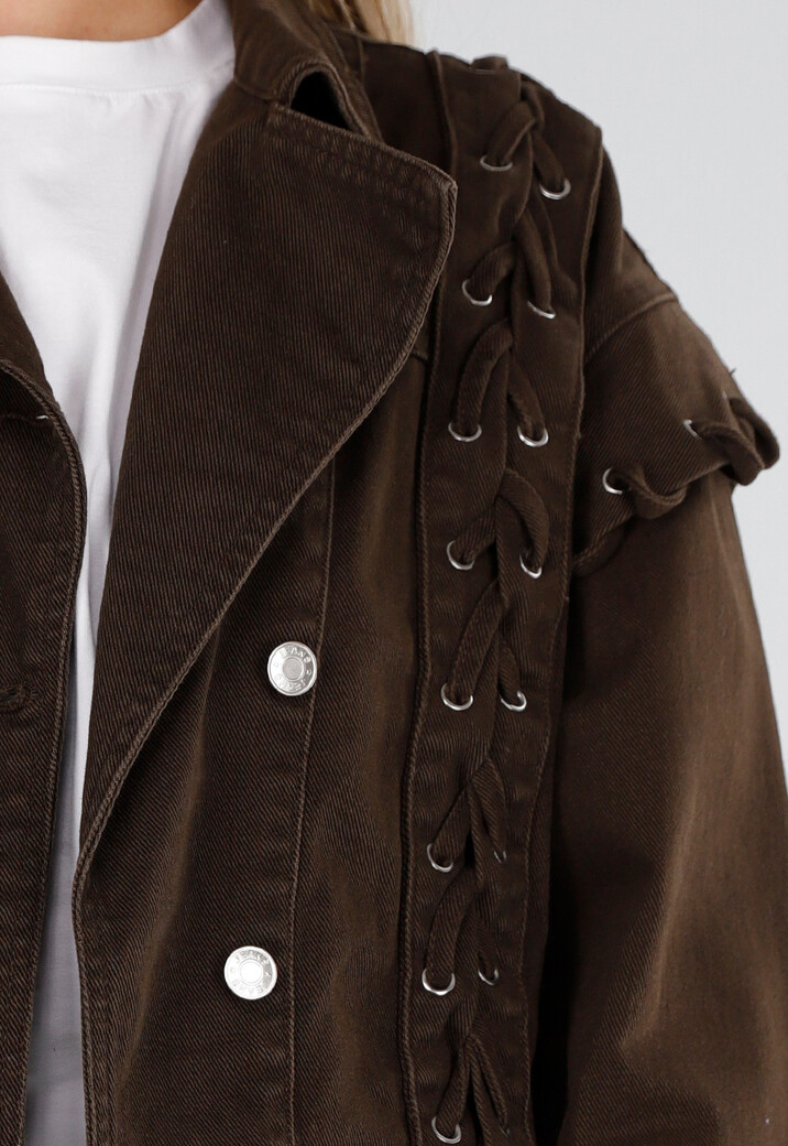 Bruin Denim Jasje met Veterdetails en Zilverkleurige Knopen