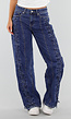 Blauwe Wide Leg Denim Jeans met Veterdetails Langs de Pijpen