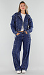 Blauwe Wide Leg Denim Jeans met Veterdetails Langs de Pijpen