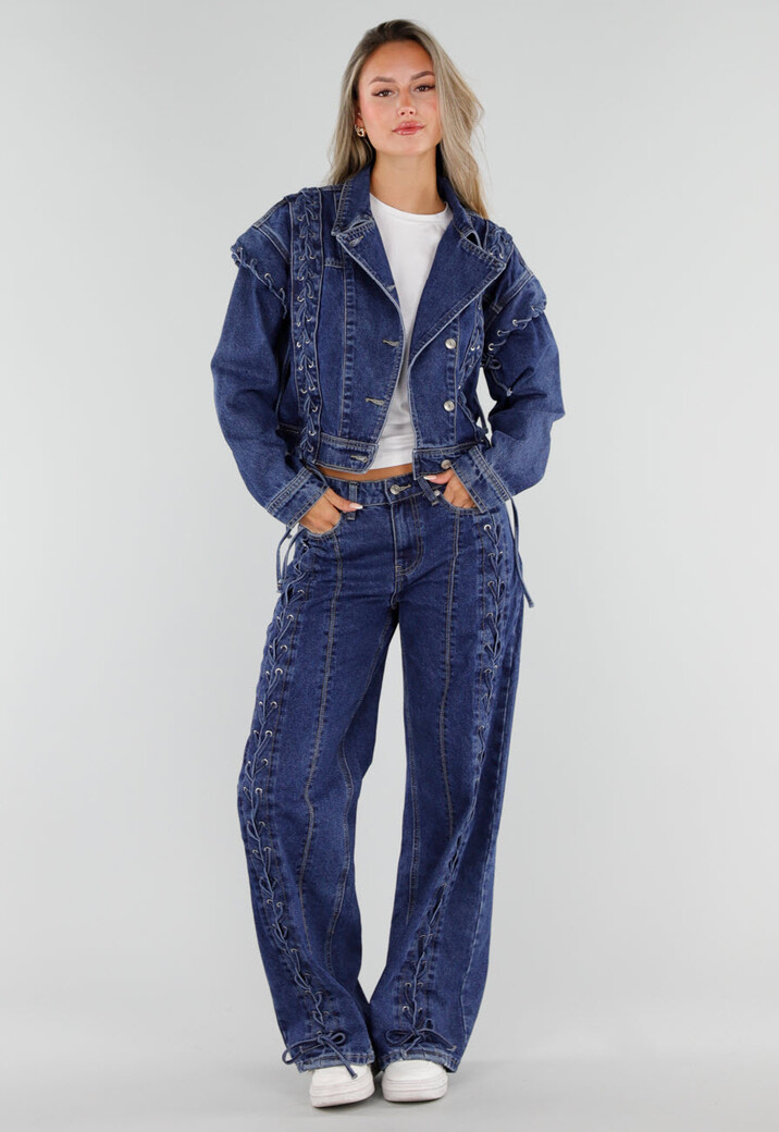 Blauwe Wide Leg Denim Jeans met Veterdetails Langs de Pijpen