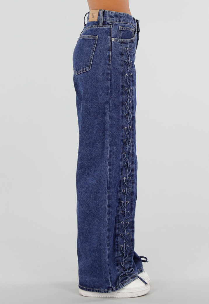 Blauwe Wide Leg Denim Jeans met Veterdetails Langs de Pijpen