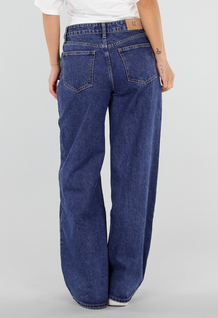 Blauwe Wide Leg Denim Jeans met Veterdetails Langs de Pijpen