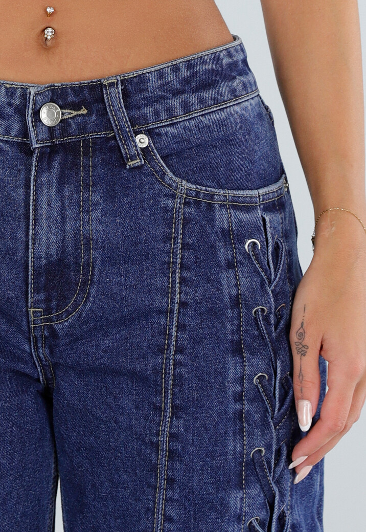 Blauwe Wide Leg Denim Jeans met Veterdetails Langs de Pijpen