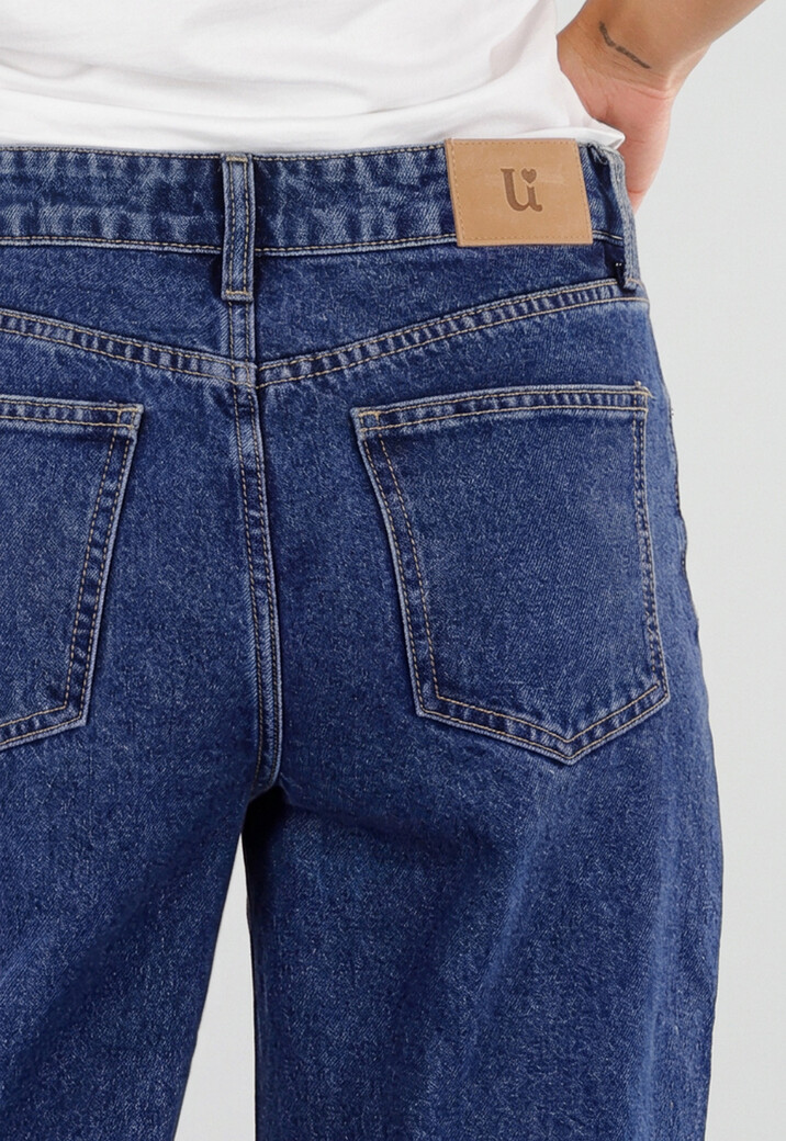 Blauwe Wide Leg Denim Jeans met Veterdetails Langs de Pijpen