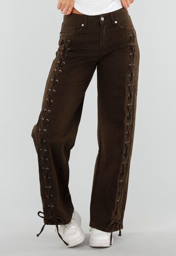 NEW071026 Bruine Wide Leg Jeans met Veterdetails