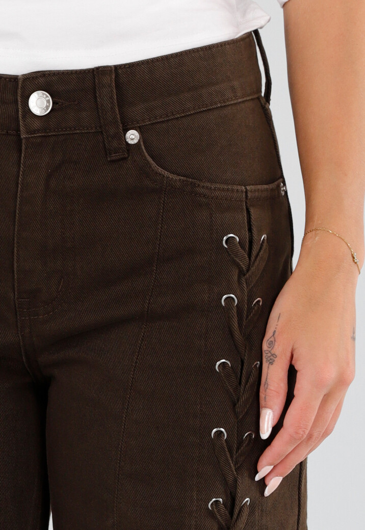 Bruine Wide Leg Denim Jeans met Veterdetails Langs de Pijpen