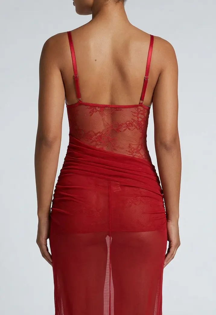 Rode Mesh Lingerie Jurk met Kant