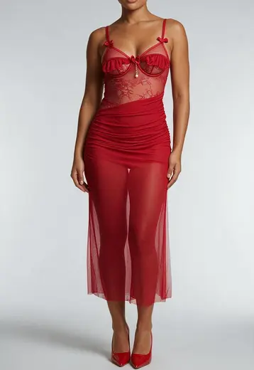 Rode Mesh Lingerie Jurk met Kant