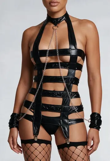 Kinky Wetlook Lingerie Set met Jarretels Zwart