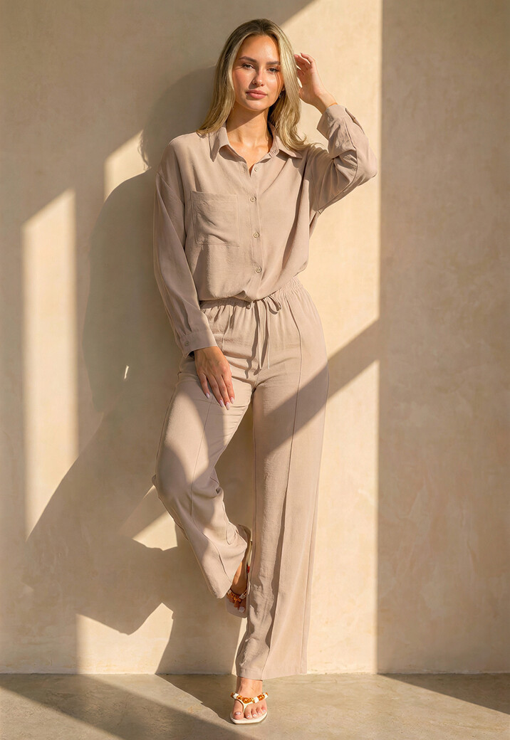 Beige Wide Leg Broek met Elastische Taille en Strikkoord