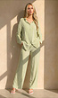Pistache Wide Leg Broek met Elastische Taille en Strikkoord