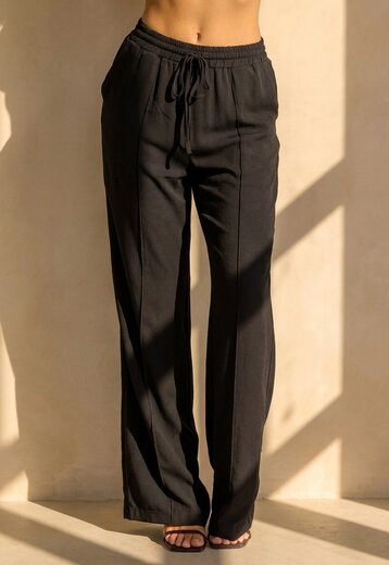 Zwarte Wide Leg Broek met Strikkoord
