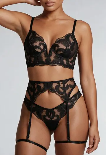 Zwarte Kanten Lingerie Set met Handschoenen