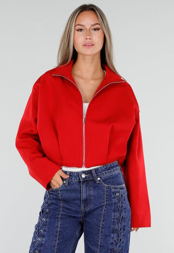 NEW300926 Rood Kort Jasje met Hoge Kraag en Rits