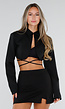Zwarte Cropped Blazer met Lange Mouwen, Kraag en Strikkoorden