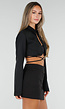 Zwarte Cropped Blazer met Lange Mouwen, Kraag en Strikkoorden
