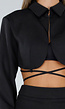 Zwarte Cropped Blazer met Lange Mouwen, Kraag en Strikkoorden