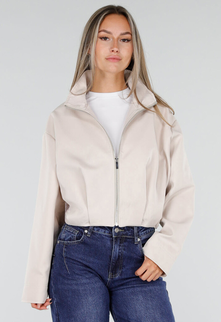 Beige Kort Tussenjasje met Hoge Kraag en Ritssluiting
