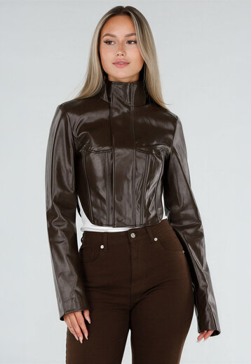NEW300926 Bruin Kort Lederlook Jasje met Hoge Kraag
