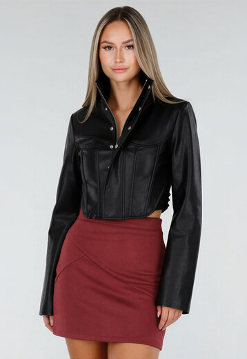 NEW300926 Zwart Kort Lederlook Jasje met Hoge Kraag