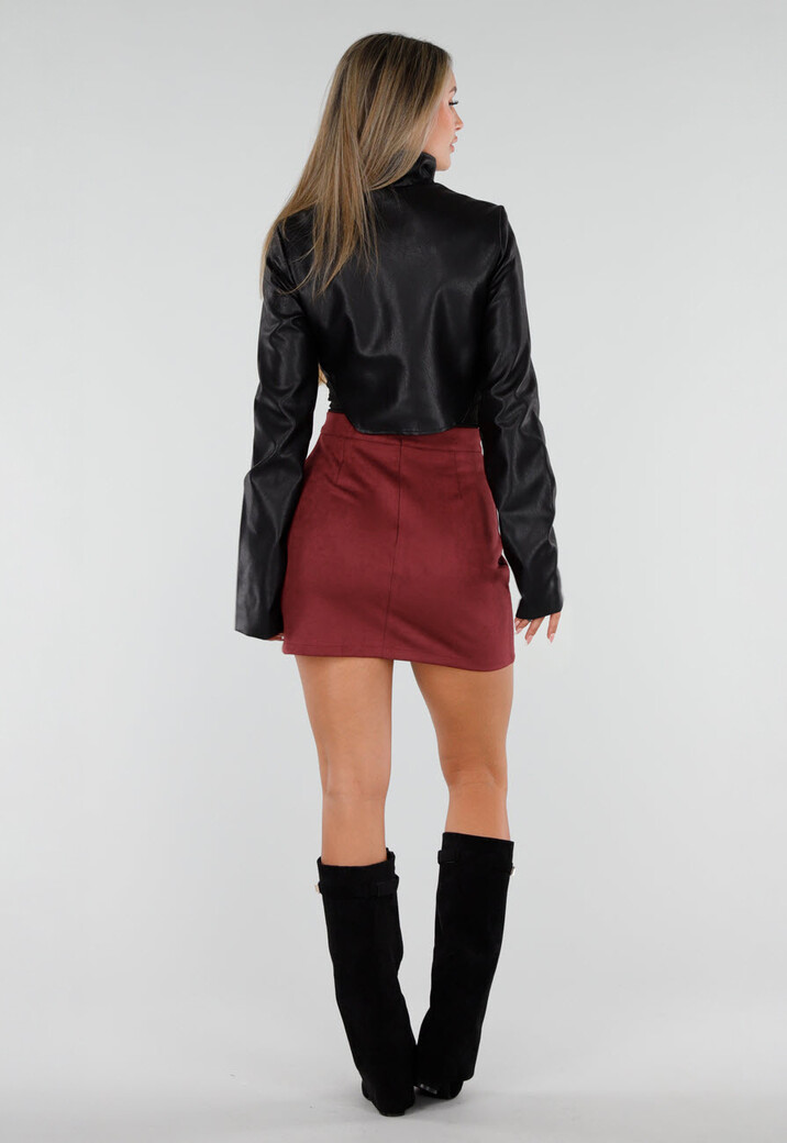 Zwart Kort Lederlook Jasje met Hoge Kraag en Drukknopen