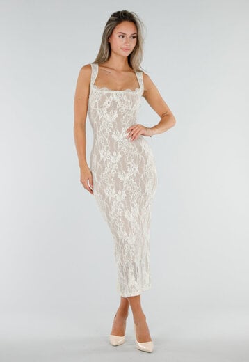 NEW300926 Witte Midi Jurk met Kant en Split