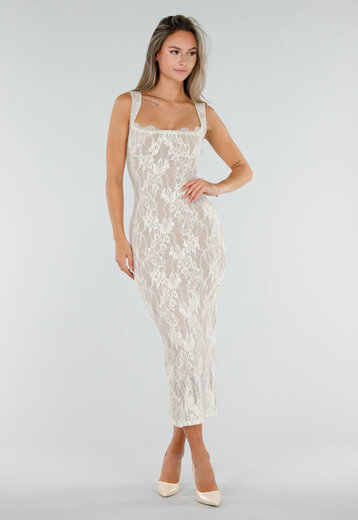 Witte Midi Jurk met Kant en Split