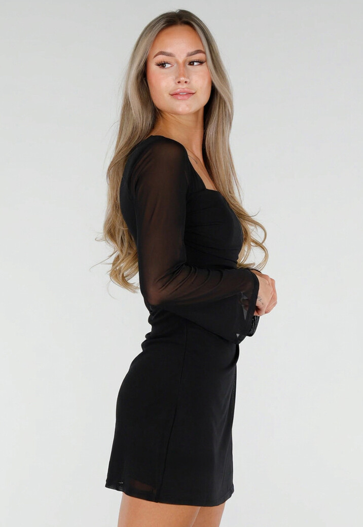 Zwarte Mesh Overslag Mini Jurk met Lange Mouwen en Stretch